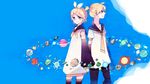  1girl blonde_hair blue_eyes brother_and_sister detached_sleeves hair_ornament hair_ribbon hairclip kagamine_len kagamine_rin mig_(36th_underground) necktie planet ribbon short_hair siblings thighhighs twins vocaloid wallpaper 