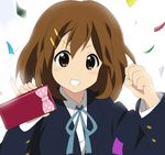  brown_eyes brown_hair confetti grin hirasawa_yui k-on! miracle official_style pencil_case pinky_out school_uniform short_hair smile solo utauyo_miracle 