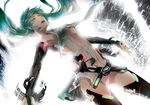  aqua_eyes aqua_hair digital_dissolve hatsune_miku hatsune_miku_(append) highres long_hair navel necktie rahwia solo thighhighs twintails vocaloid vocaloid_append zettai_ryouiki 