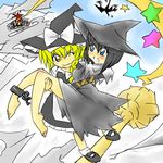  bad_id bad_pixiv_id bandages barefoot black_hair blonde_hair blue_eyes blush bow braid broom chain demon's_souls dragon dress explosion hat kirisame_marisa multiple_girls one_eye_closed short_hair souls_(from_software) touhou witch witch_hat yellow_eyes yuria_the_witch 
