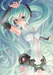  absurdres aqua_eyes aqua_hair belt bridal_gauntlets elbow_gloves fingerless_gloves gloves green_eyes green_hair hatsune_miku hatsune_miku_(append) highres inaho_minato long_hair mouth_hold navel necktie solo twintails very_long_hair vocaloid vocaloid_append 