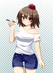  bad_hands bad_id bad_pixiv_id bare_shoulders blush breasts brown_hair casual eyelashes fountain_pen hat looking_at_viewer medium_breasts nakaya pen red_eyes shameimaru_aya short_shorts shorts solo spaghetti_strap tokin_hat touhou 