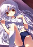  angel_beats! buruma gym_uniform long_hair lying navel on_back purple_hair solo tenshi_(angel_beats!) yellow_eyes yuku_(kiollion) 