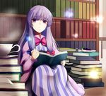  bad_id bad_pixiv_id book bookshelf cake cup food fork long_hair looking_at_viewer no_hat no_headwear open_book patchouli_knowledge purple_eyes purple_hair solo teacup touhou tsuchifumazu 
