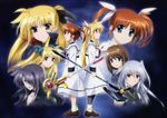  absurdres alicia_testarossa back-to-back bardiche black_hair blue_eyes bow brown_hair cape choker fate_testarossa hair_bow hair_ornament hair_ribbon hairclip highres long_hair lyrical_nanoha magazine_(weapon) magical_girl mahou_shoujo_lyrical_nanoha mahou_shoujo_lyrical_nanoha_a's multiple_girls non-web_source pantyhose precia_testarossa purple_eyes raising_heart red_eyes red_hair reinforce ribbon school_uniform seishou_elementary_school_uniform serafuku short_hair short_twintails siblings silver_hair sisters socks takamachi_nanoha twintails very_long_hair x_hair_ornament yagami_hayate 