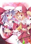  ascot bad_id bad_pixiv_id bat_wings blonde_hair blush bow brooch fang flandre_scarlet grey_hair hat jewelry kurono_yuzuko multiple_girls open_mouth red_eyes remilia_scarlet short_hair siblings side_ponytail sisters smile touhou wings wrist_cuffs 