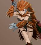  breasts brown_background it_apollo medium_breasts monster_hunter monster_hunter_frontier raviente red_eyes simple_background solo thigh_gap 