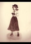  bad_id bad_pixiv_id book graphite_(medium) hat highres letterboxed mary_janes mixed_media monochrome necktie s-syogo sepia shoes short_hair skirt solo touhou traditional_media usami_renko 