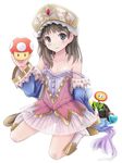  atelier_(series) atelier_totori bag blue_sleeves blush brown_hair detached_sleeves dress fire_flower flower highres leotard mameshiba mario_(series) mushroom off_shoulder pink_leotard purple_eyes see-through smile solo star starman_(mario) super_mario_bros. super_mushroom totooria_helmold |_| 