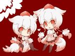  animal_ears chibi clone detached_sleeves dual_persona hat inubashiri_momiji kotorai multiple_girls red_eyes short_hair skirt tail thighhighs tokin_hat touhou white_hair wolf_ears wolf_tail 