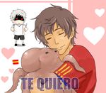  2boys axis_powers_hetalia blush fork heart hug knife male_focus multiple_boys nataliemasiya octopus paul_the_octopus prussia_(hetalia) spain spain_(hetalia) spanish translated world_cup 