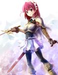  armor bad_id bad_pixiv_id boots cape cecily_cambell gloves red_eyes red_hair seiken_no_blacksmith short_hair smile solo sword thighhighs weapon yone 