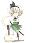  1girl bad_id bad_pixiv_id black_hairband boots bow bowtie chibi crossed_arms frills full_body ganesagi ghost hair_ribbon hairband hitodama katana konpaku_youmu konpaku_youmu_(ghost) looking_away petticoat ribbon scabbard shadow sheath sheathed short_sleeves simple_background skirt solid_circle_eyes solo standing sweatdrop sword thighhighs touhou vest weapon white_background white_hair zettai_ryouiki 