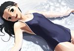  :d bad_id bad_pixiv_id black_hair competition_school_swimsuit copyright_request derivative_work grey_eyes lying one-piece_swimsuit open_mouth oryou smile solo swimsuit water wet 