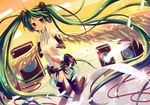  amane_kurumi angel_wings aqua_hair belt blush detached_sleeves elbow_gloves feathers fingerless_gloves gloves green_eyes hatsune_miku hatsune_miku_(append) highres kneeling long_hair navel necktie smile solo speaker thighhighs twintails very_long_hair vocaloid vocaloid_append wings zettai_ryouiki 