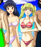  2girls arm_hug bikini black_hair blonde_hair brown_eyes gentoku good_end hanai_haruki harima_kenji highres long_hair multiple_boys multiple_girls navel sawachika_eri school_rumble suou_mikoto swimsuit twintails yellow_eyes 