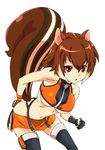  animal_ears bad_id bad_pixiv_id blazblue breasts brown_eyes brown_hair gloves makoto_nanaya medium_breasts misashi_(raichi821) orange_skirt skirt solo squirrel_ears squirrel_tail tail underboob zipper 