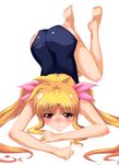  ass barefoot blonde_hair fate_testarossa legs long_hair lying lyrical_nanoha mahou_shoujo_lyrical_nanoha on_stomach one-piece_swimsuit red_eyes school_swimsuit solo swimsuit tsukishiro_kou twintails 