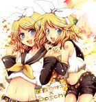  aqua_eyes bad_id bad_pixiv_id bare_shoulders belt blonde_hair blush collaboration detached_sleeves dual_persona hair_ornament hair_ribbon hairclip kagamine_rin kagamine_rin_len_housoukyoku_jingle_(vocaloid) multiple_girls nail_polish navel potchi ribbon sailor_collar short_hair shorts smile treble_clef vocaloid yellow_nails zashiki_usagi 