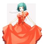  :d alternate_costume brown_eyes character_name choker copyright_name dress farah_oersted flower gown green_hair highres morisuke open_mouth orange_dress orange_flower orange_rose red_choker rose short_hair skirt_hold smile solo tales_of_(series) tales_of_eternia white_background 