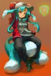  animal_ears ankle_boots aqua_hair arms_behind_head arms_up bad_id bad_pixiv_id baseball_cap boots carbuncle_(final_fantasy) facial_mark final_fantasy forehead_mark hat hood hoodie jacket katsuma_(perestronica) long_hair personification red_eyes sitting solo tail 