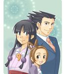  2girls ayasato_harumi ayasato_mayoi bad_id bad_pixiv_id black_hair brown_eyes brown_hair gyakuten_saiban hiraishi_wataru lowres multiple_girls naruhodou_ryuuichi smile 