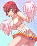  breasts cheerleader e20 highres impossible_clothes impossible_shirt large_breasts midriff panties pom_poms quiz_magic_academy red_hair ruquia shirt short_hair solo striped striped_panties underwear 