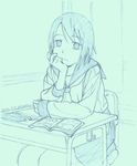  aqua bored chin_rest desk face freckles hands monochrome original pencil school_uniform serafuku shiwasu_takashi short_hair simple_background sketch solo traditional_media 