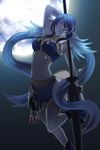  arm_up blue_hair breasts closed_mouth elf full_moon grey_background judith lance leg_up long_hair long_pointy_ears low_twintails md5_mismatch medium_breasts midriff moon navel night outdoors outstretched_arm pointy_ears polearm purple_eyes setsu solo tales_of_(series) tales_of_vesperia twintails very_long_hair weapon 