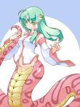  detached_sleeves ekus_(xo_ekus) frog green_eyes green_hair hair_ornament kochiya_sanae lamia long_hair midriff monster_girl pun snake solo touhou 