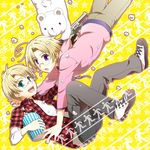  ahoge america_(hetalia) axis_powers_hetalia bad_id bad_pixiv_id bear blonde_hair blue_eyes brothers canada_(hetalia) food glasses gun handgun kumajirou_(hetalia) migu multiple_boys plaid plaid_shirt polar_bear popcorn purple_eyes revolver shirt shoes siblings sneakers weapon 