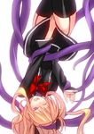  blonde_hair bow long_hair open_mouth purple_eyes quiz_magic_academy shalon solo tentacles tetsu_(kimuchi) thighhighs upside-down wince 