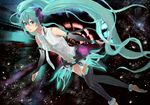  anklet aqua_eyes aqua_hair bad_id bad_pixiv_id barefoot belt bridal_gauntlets elbow_gloves fingerless_gloves gloves hatsune_miku hatsune_miku_(append) highres jewelry long_hair modae necktie smile solo toeless_legwear twintails very_long_hair vocaloid vocaloid_append 