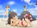  amami_haruka barefoot beach bikini black_hair breast_rest breasts brown_hair cleavage day fishing fishing_rod floral_print ganaha_hibiki hagiwara_yukiho high_ponytail idolmaster idolmaster_(classic) kikuchi_makoto long_hair medium_breasts multiple_girls one_eye_closed ponytail puton red_bikini short_hair smile sweatdrop swimsuit wardrobe_malfunction 