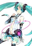  absurdres aqua_eyes aqua_hair bridal_gauntlets hand_on_own_chest hatsune_miku hatsune_miku_(append) highres inami_eno long_hair navel necktie simple_background solo thighhighs twintails very_long_hair vocaloid vocaloid_append 