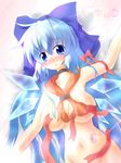  alternate_breast_size alternate_hairstyle blue_eyes blue_hair blush bow breasts censored cirno convenient_censoring curvy groin hair_bow highres ice large_breasts long_hair lying navel nude older petals ribbon solo touhou wings yurume_atsushi 