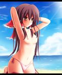  armpits arms_up bikini bikini_bottom blush bow brown_eyes brown_hair flat_chest hair_bow hair_ribbon hakurei_reimu long_hair navel nipples red_eyes ribbon side-tie_bikini small_nipples solo swimsuit topless touhou yuzin 