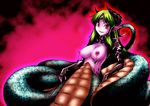  alternate_costume breasts cover dark_persona earrings fangs fingerless_gloves gloves green_hair horns jewelry kochiya_sanae lamia large_breasts monster_girl nipple_piercing nipples piercing pointy_ears red_eyes smile solo touhou yuzu_momo 