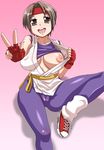  breasts brown_hair cameltoe fingerless_gloves gloves headband large_breasts nipples nori_(akusei_shinseibutsu) ryuuko_no_ken shirt_lift short_hair skin_tight solo the_king_of_fighters v yuri_sakazaki 