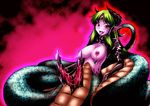  1girl alternate_costume breasts corruption cover dark_persona double_penis earrings extra_penises fangs fingerless_gloves futanari gloves green_hair hemipenes highres horns jewelry kochiya_sanae lamia monster_girl multi_cock multiple_penises nipple_piercing nipples penis piercing pointy_ears red_eyes sanae_kochiya smile solo tongue touhou transformation yuzu_momo 