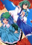  backpack bag blue_hair comic cover cover_page detached_sleeves doujin_cover dress frog_hair_ornament green_hair hair_ornament hair_tubes hat highres jpeg_artifacts kawashiro_nitori key kochiya_sanae long_hair long_sleeves multiple_girls shirt sleeveless sleeveless_shirt snake_hair_ornament tano touhou twintails two_side_up vest 
