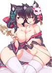  animal_ears ass azur_lane bangs bare_shoulders black_hair black_kimono blunt_bangs breast_press breasts fox_mask fusou_(azur_lane) hair_over_shoulder japanese_clothes kimono large_breasts long_hair looking_at_viewer mask multiple_girls navel open_mouth paw_pose pink_eyes purple_eyes short_hair simple_background sitting skindentation smile symmetrical_docking thighhighs white_background white_legwear yamashiro_(azur_lane) yukishiro_arute 