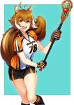  :d animal_ears antenna_hair aqua_background bangs black_legwear black_skirt blazblue blush border breasts brown_hair commentary_request double_horizontal_stripe feet_out_of_frame gloves highres holding kneehighs knees_together_feet_apart lacrosse lacrosse_ball lacrosse_stick large_breasts large_tail looking_at_viewer makoto_nanaya miniskirt multicolored_hair number number_pun open_mouth orange_eyes outside_border pencil_skirt purinnssu round_teeth running short_hair short_sleeves side_slit simple_background skirt smile solo sportswear squirrel_ears squirrel_girl squirrel_tail tail teeth two-tone_hair v-shaped_eyebrows white_border white_hair 