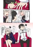  1girl black_hair blue_eyes closed_eyes comic commentary_request couch embarrassed fate/grand_order fate_(series) fujimaru_ritsuka_(male) hand_on_own_chin jacket jeanne_d'arc_(alter)_(fate) jeanne_d'arc_(fate)_(all) long_sleeves one_eye_closed open_mouth silver_hair sitting speech_bubble thought_bubble translation_request wicked_dragon_witch_ver._shinjuku_1999 yellow_eyes yuuma_(noel) 