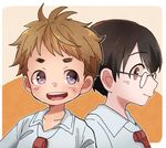  :d bangs black_hair blue_shirt brown_hair child closed_mouth eyebrows_visible_through_hair glasses highres looking_at_another made_in_abyss male_focus multiple_boys natt_(made_in_abyss) open_mouth orange_background purple_eyes red_eyes shiggy_(made_in_abyss) shirt smile usuki_(usukine1go) whistle 