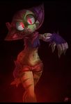  2017 anthro black_nose breasts carol_tea clothing english_text female fingerless_gloves freedom_planet fur gloves glowing glowing_eyes green_fur midriff navel open_mouth pedrovin red_eyes scar solo text undead video_games zombie 