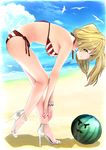  absurdres aruuin beach bent_over bikini bird blonde_hair blue_sky breasts cloud day earrings fate/grand_order fate_(series) food from_side fruit full_body green_eyes high_heels highres jewelry long_hair looking_at_viewer medium_breasts nail_polish nero_claudius_(fate)_(all) nero_claudius_(swimsuit_caster)_(fate) ocean outdoors red_nails sandals side-tie_bikini sideboob sky smile solo strappy_heels striped striped_bikini swimsuit toenail_polish watermelon 