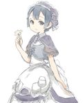  apron blue_hair brown_eyes capelet dress flower from_side highres holding holding_flower lca906 looking_at_viewer looking_to_the_side made_in_abyss maid maid_apron maid_headdress male_focus maruruk otoko_no_ko parted_lips puffy_short_sleeves puffy_sleeves short_sleeves simple_background smile solo vest white_background 