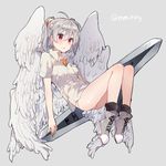  angel angel_chromosome_xx black_legwear floating grey_background grey_hair ikeuchi_tanuma looking_at_viewer multiple_wings neon_genesis_evangelion no_pants panties red_eyes seraph shirt shoes simple_background sneakers socks tabris tabris-xx twintails twitter_username underwear wings 