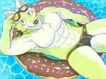  2015 abs anthro black_nose blush bulge canine clothed clothing eyewear fur glasses green_fur grey_eyes looking_at_viewer male mammal solo sum_kemono swim_ring topless underwear water white_fur wolf 